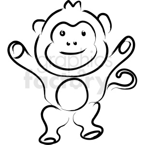 A simple black and white line drawing of a playful, smiling monkey with its arms and legs outspread.
