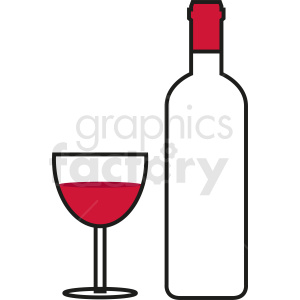 Clipart image of a wine bottle and a glass filled with red wine.