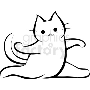The image is a black and white clipart of a cat in a yoga pose. The cat appears to be smiling, with its eyes closed, ears pointed upwards, one arm extended outward, and a long, curved tail.