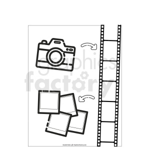 This clipart image features a black and white outline depicting a camera, a set of photo frames, and a strip of film. The camera and photo frames are accompanied by arrows, illustrating the process of capturing and developing photos.