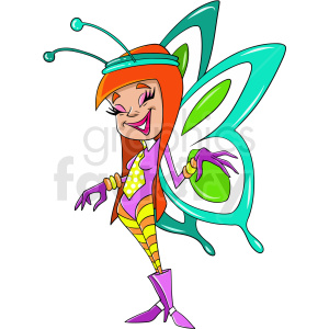 Colorful cartoon character with butterfly wings and vibrant rave-inspired attire.