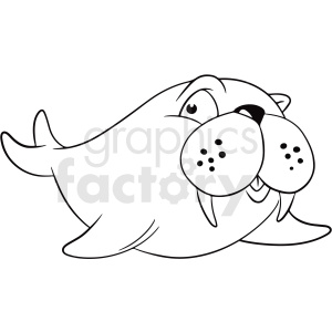 Black and white clipart image of a cartoon walrus with tusks and whiskers.