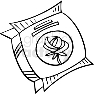 A black and white clipart illustration of a closed pillow-shaped food package with a rose design in the center.