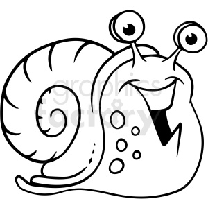 The clipart image depicts a cartoonish snail with a large, swirled shell. It features prominent eyes on stalks and a smiling face with a visible tongue, suggesting a cheerful or playful mood. The snail's body appears to have spots or dots, and its overall appearance is simple and stylized, typical of children's book illustrations or coloring pages.