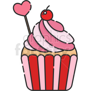 A Valentine's Day-themed cupcake with pink and red frosting, a red cherry on top, and a pink heart decoration.