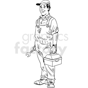 A black and white clipart image of a smiling handyman wearing overalls and a cap, holding a wrench in one hand and a toolbox in the other.