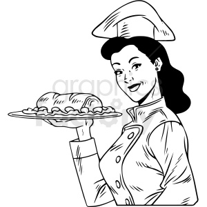 Black and white clipart of a female chef holding a plate with a baked dish, wearing a chef's hat and uniform.