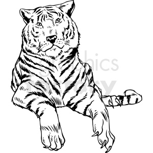 The image is a black and white clipart illustration of a tiger. It features the tiger in a seated pose with stripes visible along its body.