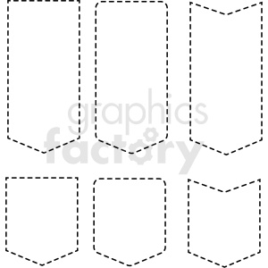 A collection of six blank badge or shield shapes with dashed outlines in various styles.