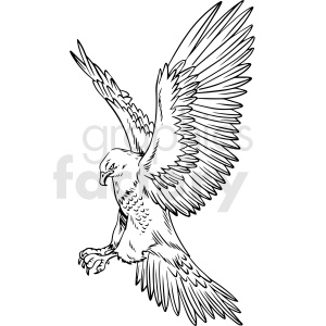 A detailed black and white clipart image of an eagle with outstretched wings in mid-flight, showcasing intricate feather details.