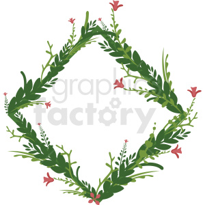 This clipart image features a diamond-shaped frame made of green leafy branches with small red flowers scattered throughout.