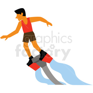 Clipart image of a person wearing a red tank top and brown shorts, flyboarding above water with water jets coming from the flyboard boots.