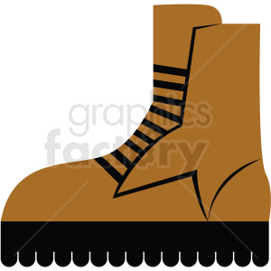 The clipart image shows a vector illustration of a pair of hiking boots, which is commonly used for outdoor activities such as hiking and adventure. The design features a high ankle with laces and distinct treads on the sole, indicating that it is suitable for walking on rugged terrain.
