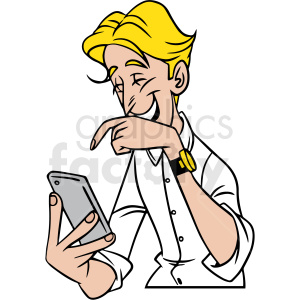 Cartoon illustration of a man laughing while looking at his phone.