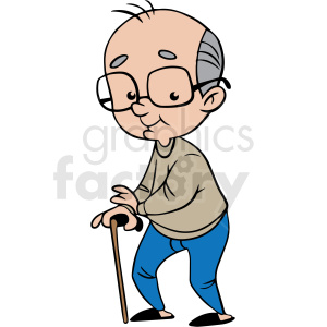 Cartoon of a smiling elderly man with glasses and a walking stick.