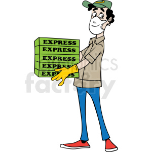 Clipart image of a delivery man wearing a hat and mask, holding a stack of express food boxes.