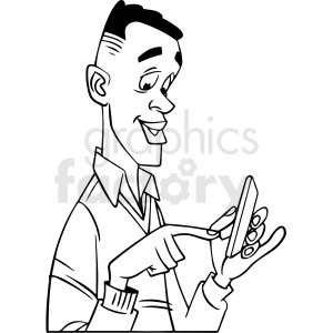 Cartoon of a man smiling and using a smartphone.