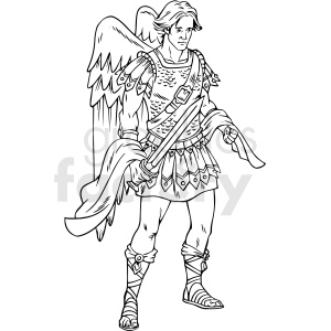 Black and white clipart image of an angelic warrior with wings, holding a sword and wearing armor.