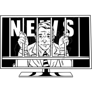 A black and white clipart image showing a man in a suit behind bars, with the word 'NEWS' in the background. The bars and the man appear on a television screen.
