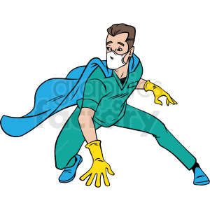 A superhero-inspired doctor wearing medical scrubs, a mask, gloves, and a cape, in a dynamic pose.