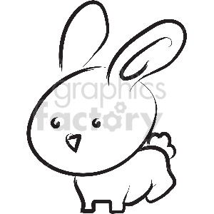 This clipart image depicts a simple, black and white line drawing of a cartoon rabbit. The rabbit appears to have large, floppy ears, a plump body, a small tail, and a cute, expressive face with wide eyes and a triangular nose.