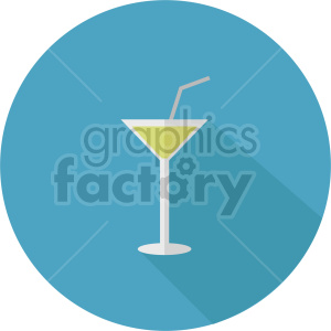 Flat design image of a yellow martini cocktail with a straw in a blue circular background.