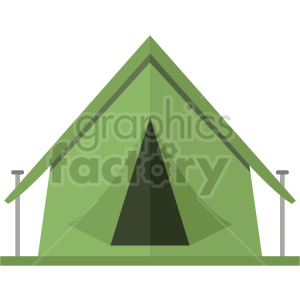 A green camping tent clipart image with a peaked roof and open entrance, supported by two poles.