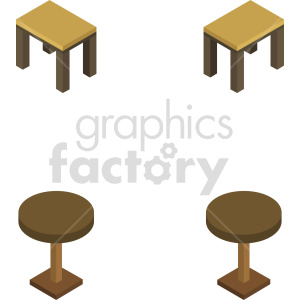 An isometric clipart image showing two types of tables: two square tables on the top half and two round tables on the bottom half.