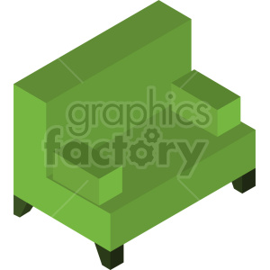 A green isometric illustration of a two-seater sofa with armrests and legs.
