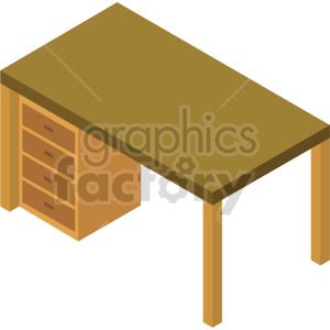 Isometric clipart image of a wooden office desk with four drawers on the left side.