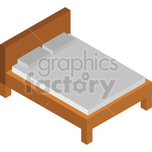 Isometric clipart image of a wooden bed with a gray mattress and two gray pillows.