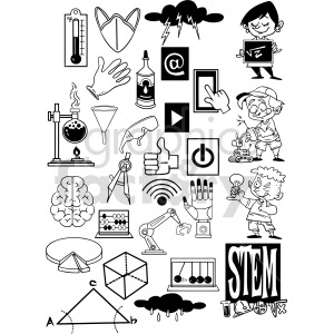 black and white cartoon STEM doodle page vector clipart