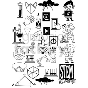 This clipart image contains various icons related to STEM education, such as scientific equipment, mathematical symbols, technological devices, and characters engaging in learning activities.