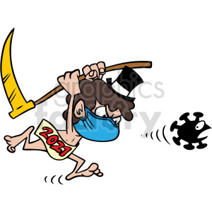 Cartoon depicting Baby New Year 2021 wearing a mask and holding a scythe, chasing away a virus representation.