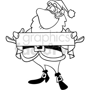 Black and white clipart of Santa Claus wearing a mask, holding a blank sign.