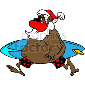 Cartoon image of Santa Claus, depicted with sunglasses and a red face mask, carrying a surfboard while wearing holiday-themed attire.