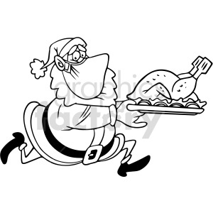 Cartoon Santa Claus running with a cooked turkey on a platter, whilst wearing a medical mask