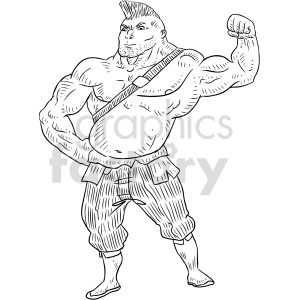 Clipart of a muscular warrior with tattoos, sporting a mohawk and flexing his arm.