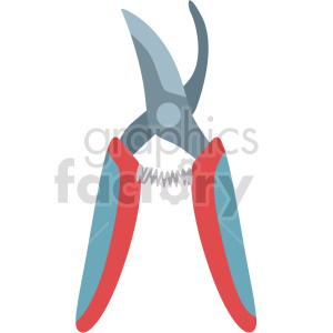   This clipart image depicts a pair of gardening snips, also commonly referred to as pruning shears or secateurs. The snips are shown with their handles open, ready for use, and feature red-coated handles for a comfortable grip, with metallic blades and a spring in between the handles for easy opening and closing. 
