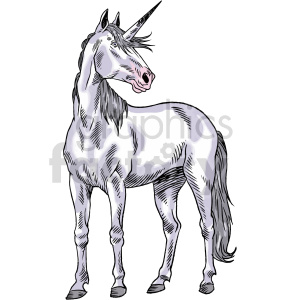 The clipart image shows a realistic depiction of a unicorn, which is a mythical creature resembling a horse with a single spiraled horn on its forehead. The unicorn in the image has a white body and mane, pink inner ears, blue eyes, and a golden horn. It stands on all four legs with its head turned slightly to the left.
