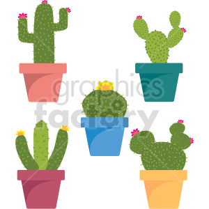 Clipart image featuring five different types of cactus plants in various colorful pots. Some cacti have flowers on top.