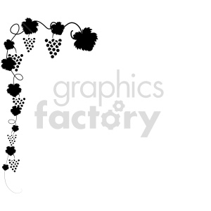 Black and white clipart image of a grapevine with clusters of grapes and leaves, forming a decorative border in the top left corner.