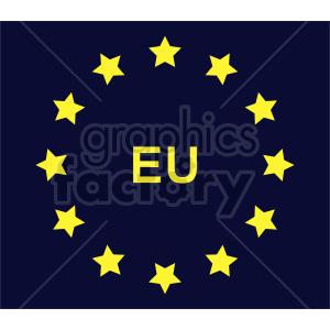 The image depicts a simplified representation of the European Union (EU) flag. It features a circle of twelve golden stars on a blue background, with the letters EU in the center in large yellow font.