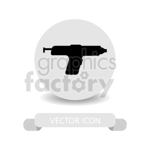 Black silhouette of a glue gun in a round button icon.