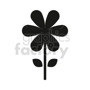 A simple black silhouette of a flower with five rounded petals and a stem with two leaves.