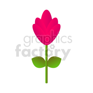 A simple clipart image of a pink flower with green leaves and stem, featuring a minimalist design.