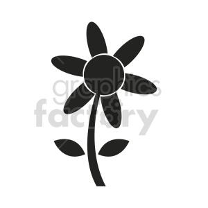 A black and white silhouette of a stylized flower with a round center, six petals, and two leaves.