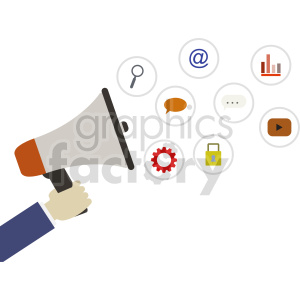 The clipart image depicts a digital marketing concept with various elements related to business, social media, marketing, and the internet. There are also icons representing email marketing, pay-per-click advertising, and e-commerce conversion rates, all of which are significant aspects of digital marketing.