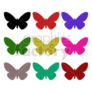 The image is a clipart collection of butterflies. There are nine butterflies in total, arranged in rows of three. Each butterfly has a simple, stylized design with no intricate patterns. The butterflies come in various colors: black, red, purple, green, yellow, pink, brown, cyan, and dark red. These colorful representations could be used for various decorative purposes, educational materials, or as symbols in different contexts.