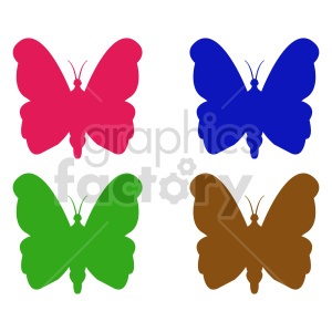 The clipart image contains four stylized butterflies, each in a different solid color. The colors are pink, blue, green, and brown. Each butterfly has a pair of wings, a body, antenna, and is depicted in a symmetrical pose.